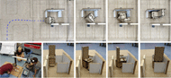 Figure 1 presents the first CFP in four different stages of the manoeuvre, from two different perspectives: top view and front view. There is a blue line illustrating part of the trajectory, and the picture at the left bottom corner shows the team recording the stop-motion video. The blueprint of the aircraft is engraved in a MDF board, and wood was used as physical barriers, representing the regular seats. A scale model of the aisle chair is also made by MDF