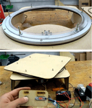 Figure 2 is composed by two images. The first one presents the internal mechanism of the prototype: an axial ball bearing attached to pair of gears made with acrylics in a laser cutter, moved by a DC motor. The second image presents the mechanism assembled in a MDF structure, connected to a wired control with an on/off and a reverse switch. 