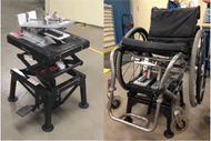 The left hand side figure shows the manual wheelchair seat elevator with the adjustable clamp system mounted on top of the lift. The right hand side figure shows a wheelchair mounted on the new device.