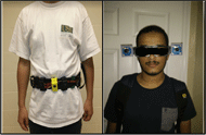 Alternative Text: Figure 3 shows a picture of the vibrotactile belt and another picture of the stereovision system. 