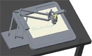 Fig. 1: Schematization of the mechanism over a table. The mechanism has a base plate. On its left, the two first bars of the mechanism are attached to the base plate. The right part is slightly deeper to hold a legal size sheet of paper (both orientation: portrait and landscape). The sheet is held in place with two paper clips in the top left corner and a magnet on the opposite corner. The mechanism itself is represented for right-hand writers. The first articulation is on the left of the sheet and the second one is somewhere on the top corner of the sheet, depending on the mechanism position. The end-effector is a pen holder. It’s like a grapple that holds the pen in the same orientation. A handle is placed next to it, on the right and can be adjusted to fit the user’s preferences.  