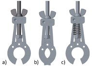 Fig. 3: This figure represents the pen holder mechanism. The first part of the figure shows the pen holder in the open position. The mechanism is inspired from a grapple so it has two curved fingers that grab different sizes of pens. A screw activates the motion of the proximal members, transferring motion to the fingers and closing over a pen. The second part shows the same pen holder, but in a closed position. The last part represents the complete pen holder mechanism. A spring is added on the shaft of the screw, allowing the mechanism to automatically open when the pressure is released.  