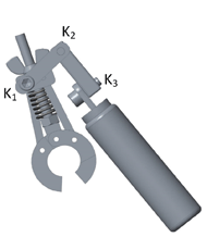 Fig. 4: The complete pen holder mechanism is shown with the handle and its three possible adjustments. The first link of the handle is fixed on a block moving with the screw of the pen holder. This link is parallel to the work space and its adjustment can change the side of the handle relative to the pen. The second link is in the same plan as the first one. This allows the handle to be moved closer or farther form the pen. The last link is the handle itself. The possible adjustment is the angle of the handle with respect to the work space. All these adjustments allow the mechanism to be used ergonomically for the user.   