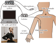 A schematic diagram of the simultaneous measurement system for the myoelectric signals and the microphone output. There are 3 electrodes for measurement of the myoelectric signals are shown in this figure. One of the electrodes is attached to human wrist as a GND electrode, the other one is attached the MM measurement point and the last one is attached to LIC measurement point. These electrodes are connected to the isolator and the isolator is connected to the laptop PC with LabVIEW through the data acquisition system. And a microphone for measurement of the voice is connected to the data acquisition system, too. Additionally, a photo image of the measurement is shown in this figure, too.  