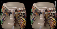 Figure shows a screenshot from the virtual reality game. The screenshot depicts a 360 video of people within a supermarket. The in-game cursor allows students to highlight and click interactable objects to advance within the game.