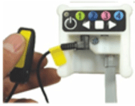 Figure 2 shows the End Cap, which has a built-in keypad with a power key, four buttons numbered 1 through 4, and a right and left arrow key, with a square Stop button between them. The End cap has a switch plugged into a switch jack, and a person’s hand is shown holding the switch. 