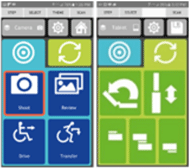 Figure 3, entitled App screenshots of Target and Adjust screens, shows two screen shots of the app that controls the mount. On the left is an image of the Target position screen, showing four programmed targets for using their camera: shoot, review, drive and transfer. On the right, the Adjust screen shows buttons for all four powered components representing the Tilt, Lift, Wrist, Elbow and Shoulder. 