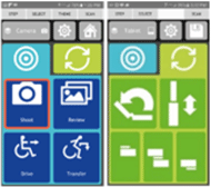 Figure 3, entitled App screenshots of Target and Adjust screens, shows two screen shots of the app that controls the mount. On the left is an image of the Target position screen, showing four programmed targets for using their camera: shoot, review, drive and transfer. On the right, the Adjust screen shows buttons for all four powered components representing the Tilt, Lift, Wrist, Elbow and Shoulder.