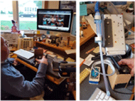 Figure 4, entitled Hybrid shoulder moves suction tube, shows two images. The one on the left is a man at his computer workstation with a hybrid mount with a powered shoulder to his right. The image on the right shows his suction tube attached to the mounting plate.  