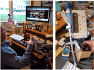 Figure 4, entitled Hybrid shoulder moves suction tube, shows two images. The one on the left is a man at his computer workstation with a hybrid mount with a powered shoulder to his right. The image on the right shows his suction tube attached to the mounting plate.