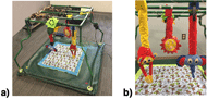 Picture of the Play and Neuro Development Assessment (PANDA) Gym. The PANDA gym consists of a sensorized mat, and 3D printed structure that holds a set of three sensorized smart toys.The set of three sensorized smart toys: an orangutan to text bimanual dexterity, a lion to test lower body interaction, and an elephant to test upper body interaction. They are designed to hang down from the top of the PANDA gym.