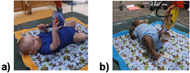 Photographic example of infant voluntary interaction with upper body toy. Infant is visually engaged with toy while grasping left hand around trunk and touching left ear with right hand.
Figure 2 (b): Photographic example of involuntary interaction with lower body toy. Infant is not visually engaged with toy, so the slight foot touch is considered involuntary.
