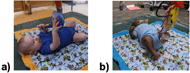 Photographic example of infant voluntary interaction with upper body toy. Infant is visually engaged with toy while grasping left hand around trunk and touching left ear with right hand.
Figure 2 (b): Photographic example of involuntary interaction with lower body toy. Infant is not visually engaged with toy, so the slight foot touch is considered involuntary.