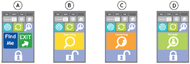 Images of four screens for the Pow!r Mount app auto positioning function. The first shows the screen with a Find Me button used to start and an Exit button to stop. The second shows the screen displayed while the system searches for the user. The third shows the screen displayed while the system centers the user. The fourth shows the screen displayed once the user has been centered. 