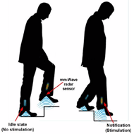 The image shows a person ascending and descending the stairs with cone-shaped radar beams scanning areas beneath person’s shoes. It also shows that the stimulator module attached to the person’s shanks provide notifications when it is safe for the person to start lowering his foot onto the next stair. After the foot is places securely on the stair the stimulator becomes idle.