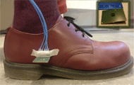 The image shows person’s foot with attached radar sensor approximately at 1/3 of the shoe length from the heel and approximately 6 cm high from the floor level. Sub-image in the upper-right corner show radar printed circuit board which is around 3 cm wide. 