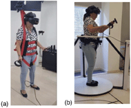 Figure 1 – (a) A person using a Head Mounted Display, holding two controllers and being hold by a vest; and (b) A person using a head mounted display using an HMD, holding controllers. The person is inside a ring, holed by three pillars by a virtual reality omnidirectional treadmill  
