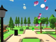 Figure 2 –Scene of the virtual reality game Balloons,The sceneario of the park, and ballons randomly  in the space of the park .  