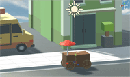 Left) An orthographic view of elements in the virtual environment is presented. A low-polygon render of a hotdog stand, green building, and vehicle front can be seen on the side of a curb. The 3D axes are shown in relation to the VR environment. (Right) A first-person view of the VR environment is shown looking at the hotdog stand top surface, interactable objects, and virtual hands. A green cylindrical object is held diagonally and the distance between the left and right hand are labelled to show two times the distance when visually augmented. The reaching goal is represented with a long bun shape.