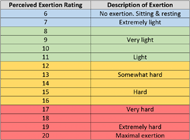 Image of the Borg Rating of Perceived Exertion Scale.  This is a 15-point scale whose numerical values represent verbal statements.  The scale ranges from 6 (no exertion, such as sitting and resting) to 20 (maximal exertion).   