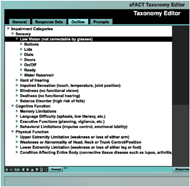 Figure 2: Picture shows three levels of the taxonomy of the ADUIT with the 3 categories of impairments listed first: sensory, cognitive, and physical followed by the specific impairment categories: low vision, hard of hearing, impaired sensation, blindness, deafness, balance disorders, memory limitation, language difficult, executive functions, behavioral limitations, upper extremity limitation, weakness or abnormality of head, neck, or trunk control/position, lower extremity limitation, and condition affecting entire body followed by another section under low vision of sensory displaying the third level of features: buttons, lids, dials, doors, on/off, ready, water reservoir 