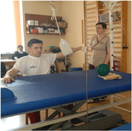 Task oriented approach training of the patient with the arm weight unloading with feedback through the mirror. 