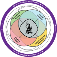 A figure depicting the interrelated nature of special education and related services of OT, PT and SLP in providing individualized services to facilitate success for students with high intensity needs.   
