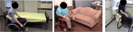 This figures shows three images side by side illustrating the three indoor transfer scenarios that were tested in the study. On the left side is an image of a wheelchair user positioned beside a standard single bed. In the centre is an image of a wheelchair user positioned beside a three places couch. On the right is an image of a wheelchair user sitting on a standard accessible toilet seat with the wheelchair positioned beside him.