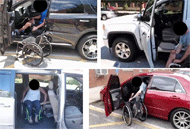 This figure shows four images arranged in a square illustrating the four types of car transfers that participants performed during the study. On the top left is the image of a person sitting on the driver seat of a jeep car with the wheelchair positioned outside the car. On the top right is the image of a wheelchair user about to transfer onto a seat lift in order to reach the seat of his jeep car.  On the bottom left is the image of a wheelchair user who is transferring from the wheelchair to the driver seat inside and accessible van. On the bottom left is the image of a wheelchair user who is transferring between the driver seat of a sedan car and his wheelchair. 