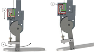Figure 3 shows the ankle adjustment mechanism with its cover removed. Two blocks are identified, the first being delay block 1, accented in red, and the second being delay block two, accented in green. The motions of the components are described in the paper.