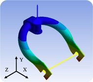 Figure 1. The caster fork shown as seen in ANSYS Mechanical. The simulated axle bolt is seen as a single element. The coordinate system for the FEA analysis is also shown with the top of the caster aligned in the positive Y direction, and the forward facing forks in the positive X direction. 