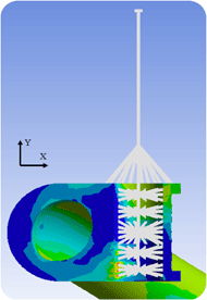 Figure 3. The simulated stem bolt, washer, and bearing shown in a cut-away view a seen in ANSYS Mechanical. APDL code was used to create a series of complex spring matrices to represent the stem bolt, washers, and bearings. 