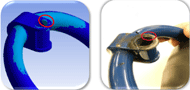 Figure 5. The location of the failure, as seen in the FEA analysis (left) and the lab-based experiments (right). Both cracks seem to propagate from the same location at the top of the caster fork. 