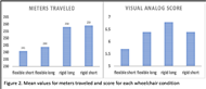 Mean values for meters traveled for each wheelchair condition.  Flexible handles and short wheelbase: 241m; Flexible handles and long wheelbase: 241m; Rigid handles and short wheelbase: 259m; Rigid handles and long wheelbase: 258m.   Mean values for visual analogue score for each wheelchair condition.  Flexible handles and short wheelbase 5.7cm; Flexible handles and long wheelbase: 6.4cm; Rigid handles and short wheelbase: 6.4; Rigid handles and long wheelbase: 6.8cm.   