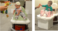 A picture of an infant seated on the mobility device during a training session (left) and an infant seated on the non-mobile platform during a training session (right)