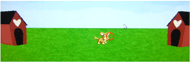 A screen shot from the A-not-B task simulation showing phase 3:  Two doghouses on either side of the screen with the dog centered between them.