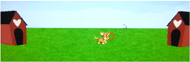 A screen shot from the A-not-B task simulation showing phase 3: Two doghouses on either side of the screen with the dog centered between them.