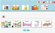 A sample webpage of the yCAT website illustrating the first five level content categories including home, play, feelings, talk time, and things, and the next level icons within the “home” category. Navigation arrows below the images alert the user to the translucent carousel layout of the touch-screen items, which rotate in space as the user swipes.