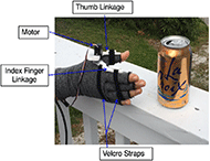 Figure 1 shows the assembled prototype of the wrist-hand orthosis on someone's hand. It is comprised of a compression glove, two 3-D printed linkages, a motor and velcro straps. The compression is on the hand. There are two linkages one for the index finger and one the thumb; each are designed with slots such that Velcro strips can be weaved through and affix each linkage to the compression glove, and thereby to the hand. The wrist-hand orthosis has a pincer-like design, so the thumb linkage attaches to the thumb and only encompasses the thumb (creating one side of the pincer), whereas the index finger linkage attaches to the index finger but the Velcro strips encompass the index, middle, ring, and pinky fingers (creating the other side of the pincer). Additionally, a motor is attached to both linkages at the joint where the index finger and thumb would meet. 