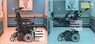 Two photos portraying a complex rehab power wheelchair before and after tilt with center-mount leg post extension. The first photo demonstrates the resting length of leg rest when the user is sitting with back rest to seat and seat to leg rest angles of 90o and 90o. The second photo shows the same wheelchair with the leg rest extended with the wheelchair in full tilt back. There are two comparison lines marked showing the initial distance from the knee hinge to the footplate and the now longer distance between the knee hinge and the footplates.