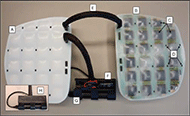 Photo of the smart wireless footplate pressure and position sensor (FoPPS) showing two different versions of the foot plate. On the left is the solid white Simpact 85A, which is the most current encapsulation material, and on the right is the Econ 80 urethance encapsulation which was too soft. Each footplate has a grid of twenty-four bumps which are the force sensing regions and the footplates are joined together by an interconnect cable and there is an enclosed electronics container which holds the Teensy controller and the Bluetooth module. 