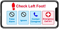 Shows smart phone options to call for help if the left foot position needs to be checked. Option buttons include false alarm, ignore, contact caregiver, and emergency call 911. 