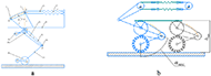 The kinematic diagram includes two arms, which are pivotally connected, while the output link moves in the vertical plane, and the upper link is connected to a spring accumulator.