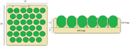 Basic modular cushion design showing a top down view of the layout with a 33 ball insert array together with cross-sectional view showing how the inserts are seated in the top layer of foam