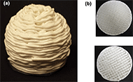 Prototype additively manufactured SquishINS – squishy inserts for the modular cushion., A side view of a SquishINS is shown to illustrate the overall shape.  Two cross-sectional views show the different internal structures created to produced SquishINS of varying stiffness