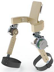 uOttawa Bionics AlloStride, hip exoskeleton device. A gold rounded hip attachment with a rectangular back support. Attached on either side of the hip attachments are silver motors. With a leg extension that extends to knee cuffs.