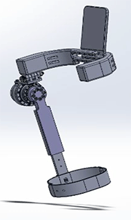 Right Leg of AllonStride. A grey CAD rendering of Allonstride is shown. It has a rounded rectangular hip frame with a rectangular flat back support attached to the back of the frame. Attached to the right side of the hip frame is a harmonic drive which is attached to the adjustable extension for the knee cuff. 