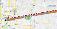 Image of map view from the route taken in case study one. This map displays red arrows signifying the waypoints on the route as well as orange and blue circles describing Waypoints Hit and Waypoints No Response. There is a section of the map where no colored circles are present, only the red Waypoint arrows.