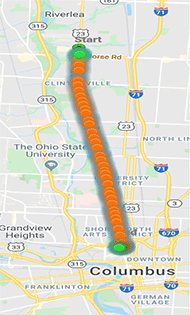 : Image of map view from the route taken in case study two. This map displays red arrows signifying the waypoints on the route as well as orange and blue circles describing Waypoints Hit and Waypoints No Response. There is a section of the map where no colored circles are present, only the red Waypoint arrows.