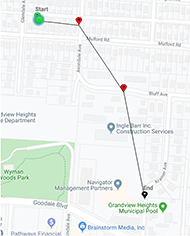 Image of map view from the route taken in case study three. This map displays orange and green circles describing Waypoints Hit and the start and end point. 